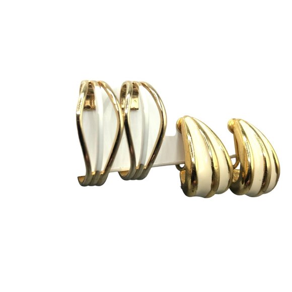 Vintage Half Hoop Earrings Bundle, Lot of 2 Pr., Gold Tone and White Enamel Clip - Picture 3 of 5